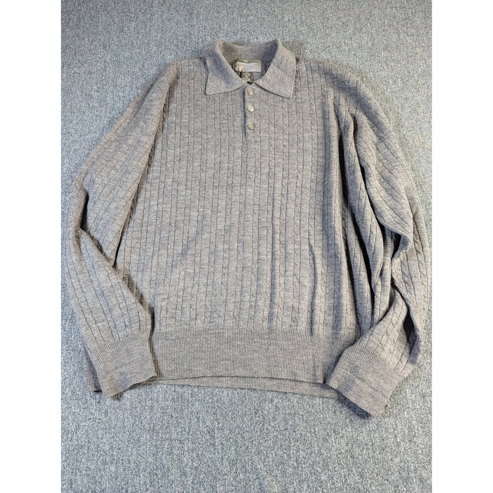 The Kensington Collection Mens Gray 100% Merino Wool Cable Knit Polo Sweater XL